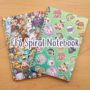 May include: Two spiral notebooks with colorful cartoon character designs. One notebook has a multi-colored cover with various characters, while the other has a green cover with character stickers. The text "FF6 Spiral Notebook" is displayed.