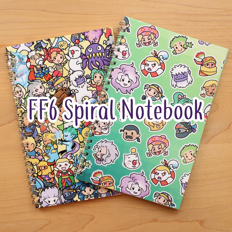 May include: Two spiral notebooks with colorful cartoon character designs. One notebook has a multi-colored cover with various characters, while the other has a green cover with character stickers. The text "FF6 Spiral Notebook" is displayed.