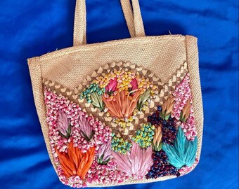 Vintage Straw Hand Bag Colourful Picnic  Small Beach Bag Seaside Design Handmade  Purse Holiday Summer Trendy One of a kind