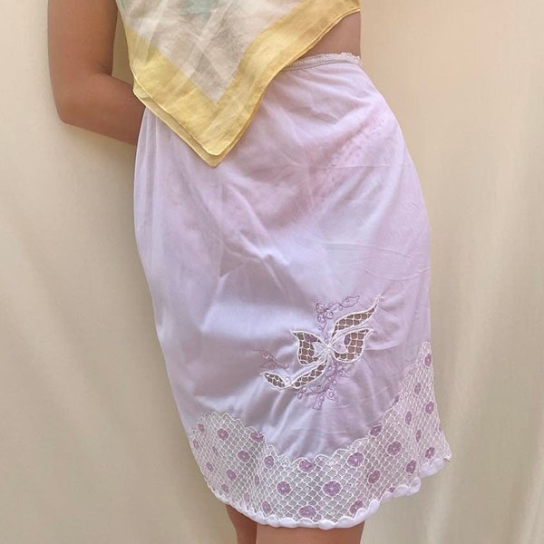 1960's Vintage Nylon Slip Skirt in Ivory Embroidered Lace Lavender Floral Bow Details Women's Small Medium  Beautiful Spring Summer Unique