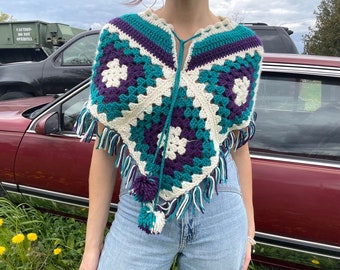 1970's Vintage Crochet-knit Poncho with Tassel Fringe Pom's Pom's Handmade One of a kind Women's Small Spring Summer Hippie Style Shawl
