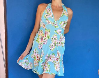 Vintage semi-sheer blue floral halter dress with low back and ruffle skirt - Made in the Philippines -Women&#39;s Small Summer Dress