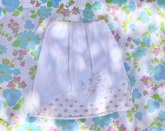1960&#39;s Vintage Nylon Slip Skirt in Ivory Embroidered Lace Lavender Floral Bow Details Women&#39;s Small Medium  Beautiful Spring Summer Unique