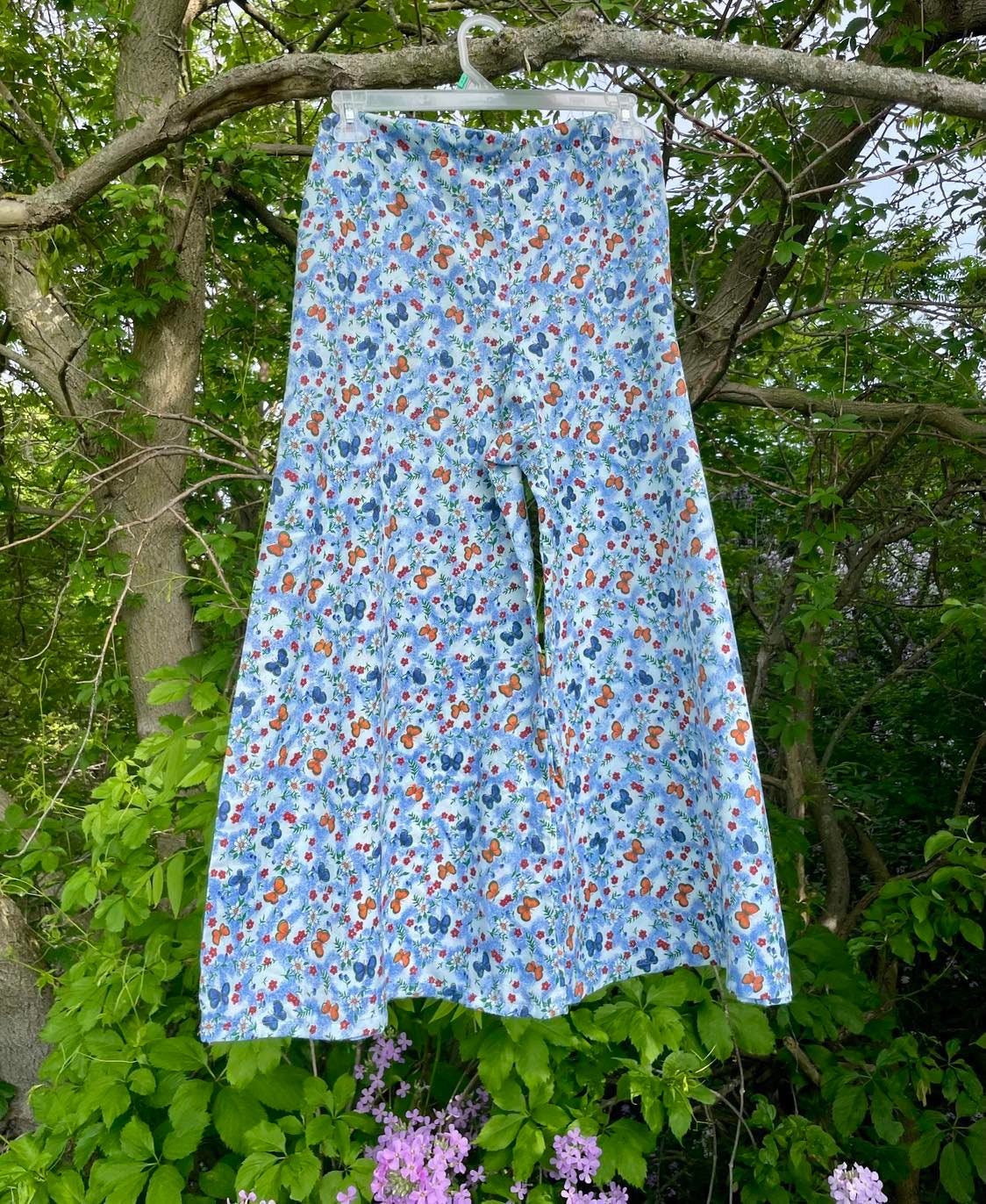 1970's Vintage Butterfly Bell Bottoms Women's Clothing Large High Waisted Cotton Floral Handmade Retro Groovy Pants One of a kind Tie-up