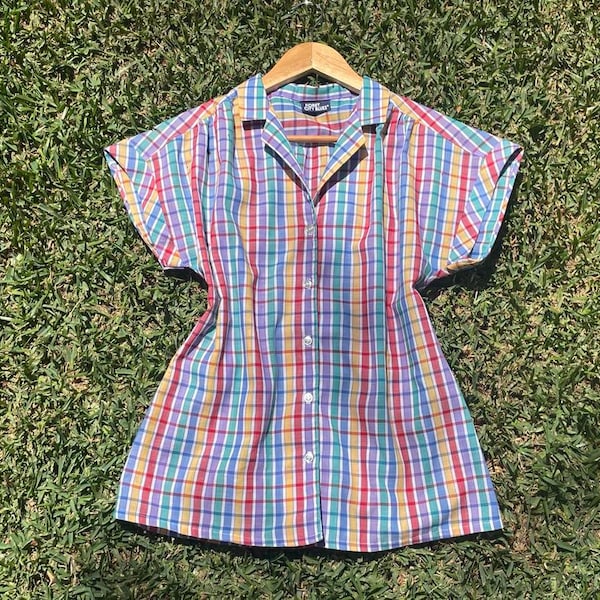 Vintage Plaid Shirt Rainbow Button-up Blouse Collar Roll-up Sleeve Women's Small Medium Cotton by Koret City Blues Spring Summer top Colour