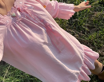 Vintage Pink Cotton Ruffle Dress: Embroidered Lace Sleeve, Women's XS