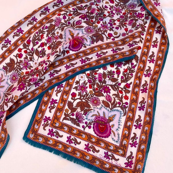 Vintage Oscar de La Renta Silk Scarf Designer Patterned Floral Ivory Magenta Brown Turquoise One of a kind Beautiful Excellent condition