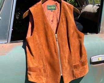 Vintage Suede DANIER Leather Brown Tan Gold Zip-up Vest with Pockets Women's Clothing Large Western Country Hippie Boho Spring Summer