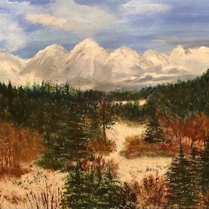 May include: A painting of a snowy mountain range in the distance, with a forest of evergreen trees in the foreground. The trees are a mix of green and brown, and the ground is covered in snow.