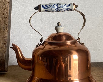 Copper Brass snake sprout Kettle , french vintage water kettle ,  stove kettle made in Portugal