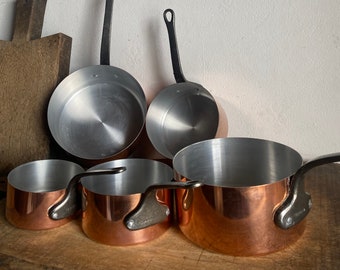 5er Set Kupfer - Aluminium Pfannen TOURNUS, Vintage, Französische Vintage Küche, Kupferwaren