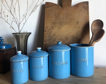 Set of 4 french vintage  blue enamel  canister , kitchen storage , Art Nouveau, Jugendstil