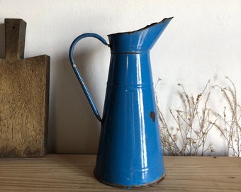 French vintage blue enamel water jug / water pitcher / French Countryside enamelware