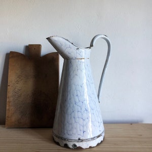 Big Marbled white blue enamel water jug /  French Vintage water pitcher / French Countryside