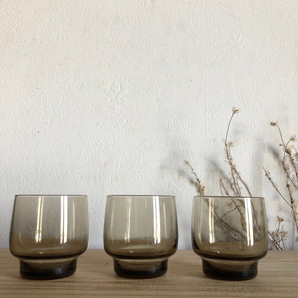 Set of 3 French Vintage Smokey brown glasses   ,Retro 1970’s , vintage barware