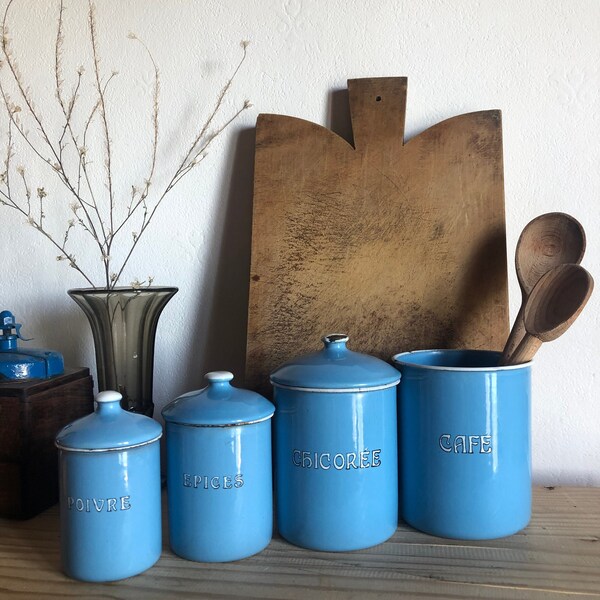 Set di 4 contenitori di smalto blu vintage francese, deposito cucina, Art Nouveau, Jugendstil
