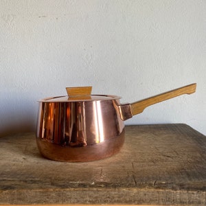 French Vintage Copper  Aluminum Pan with lid and wooden handle