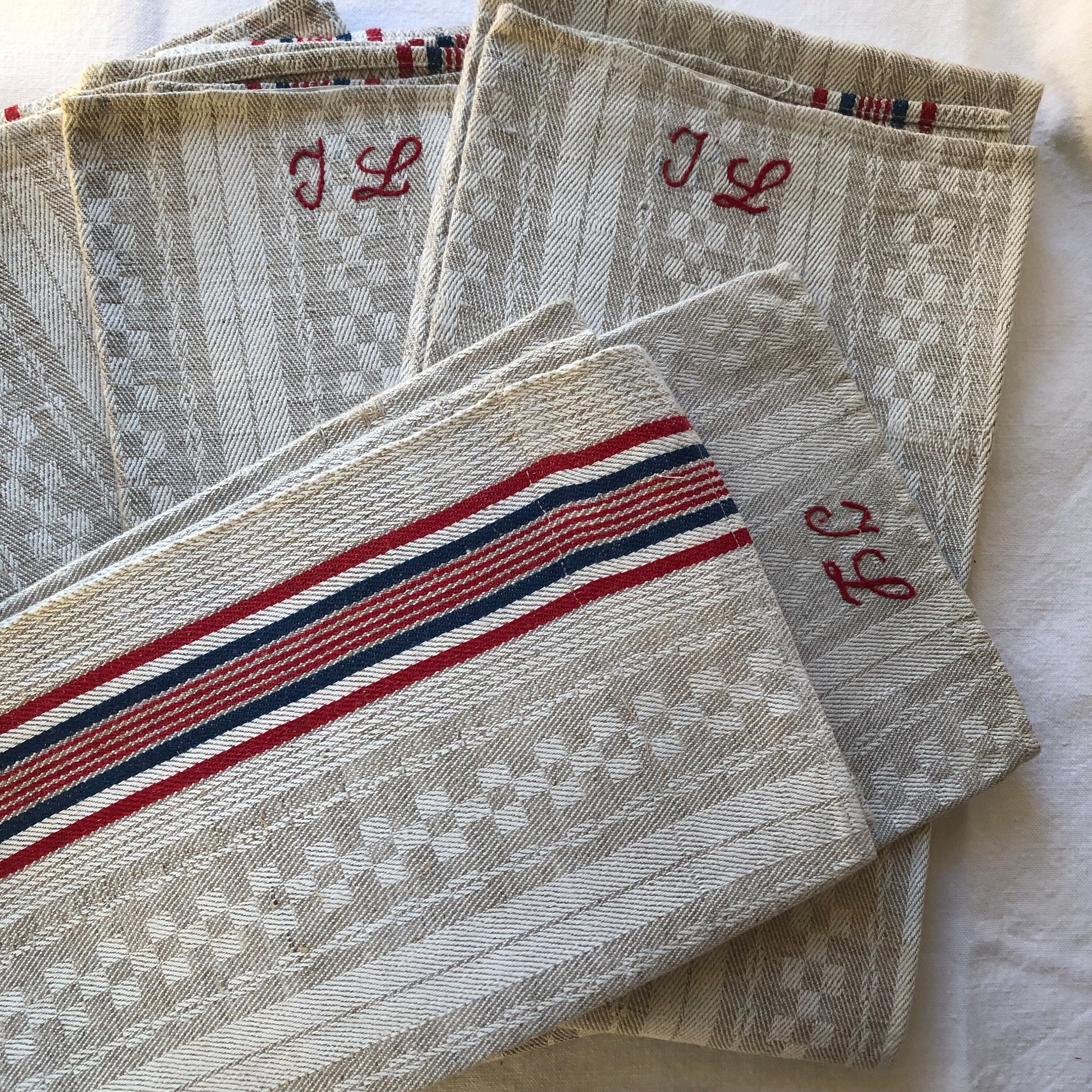 Grand Français Vintage Gris Damassé Torchon Monogrammé/Tissé Serviette de Cuisine