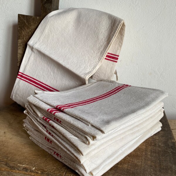 French vintage  red stripes tea towel / woven  kitchen towel , linen towel