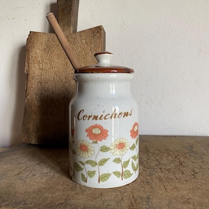 French Vintage cucumber pot  in glazed ceramic with flowers , cornichons jug , ceramic container