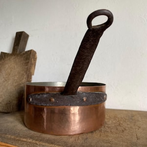 Antique forged Copper  Pan with  long handle  , French Vintage
