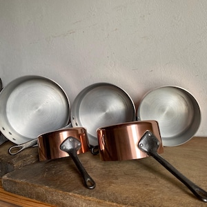Set of 5 Copper Aluminum Pans , French Vintage , French Vintage Kitchen , Copperware
