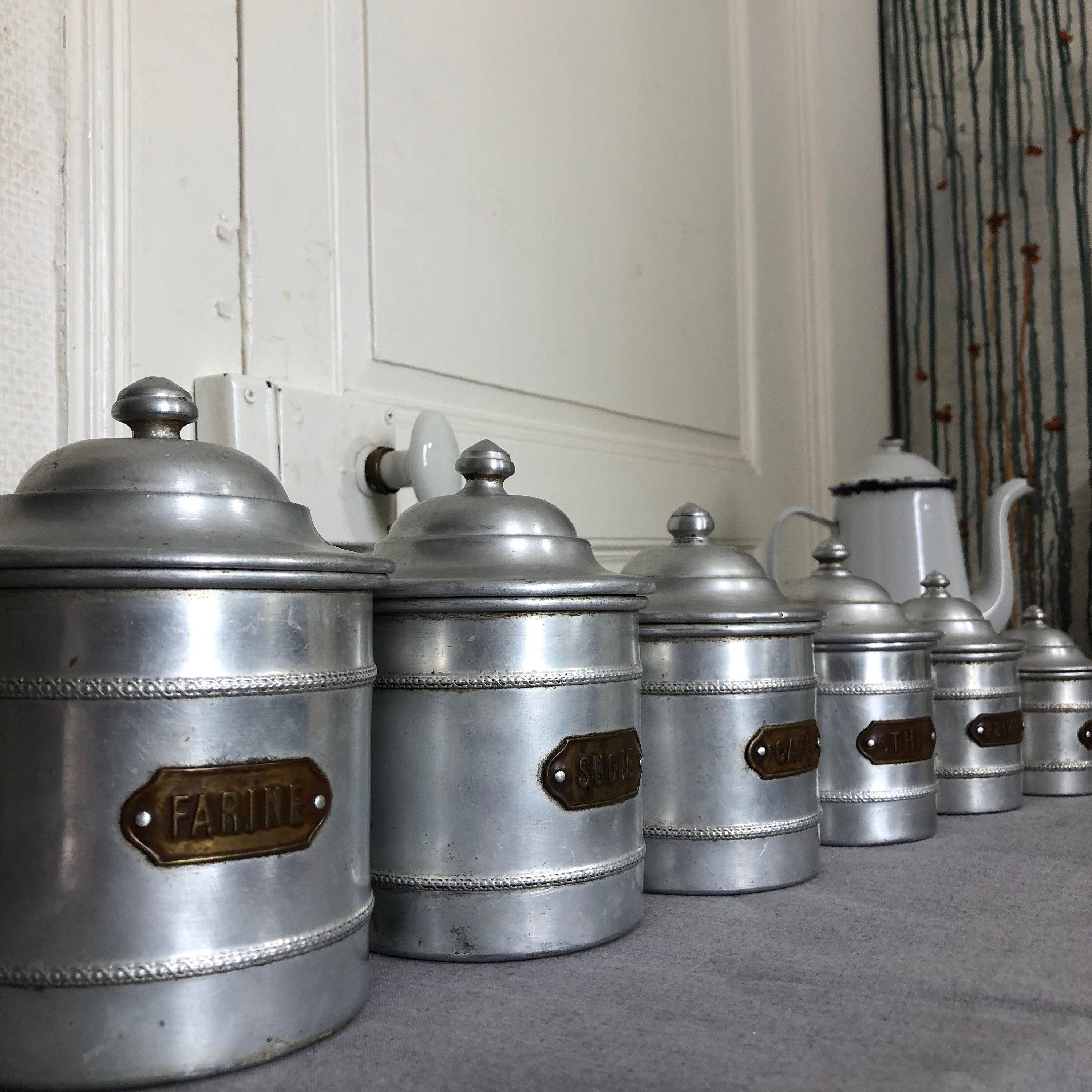 Ensemble de 7 Bidons Cuisine en Aluminium, Pots d'épices, à Épices Français Vintage, Cuisine, Pot Ca