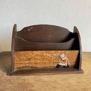 Organizador de mesa de madeira, suporte para artigos de papelaria, porta-cartas, 4 compartimentos, vintage francês de Pornic Bretagne / Bretanha