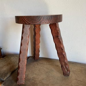 Wooden Tripod stool , handcrafted twisted legs, French Vintage countryside, Farmhouse stool , plant tripod
