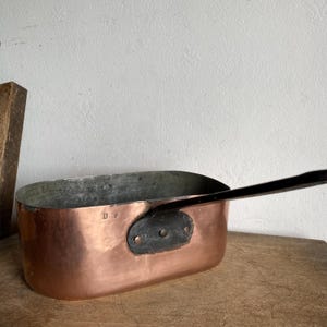 Antique monogrammed  Copper  Daubiere, braising pot  with with dovetail joints and long handle  , French Vintage