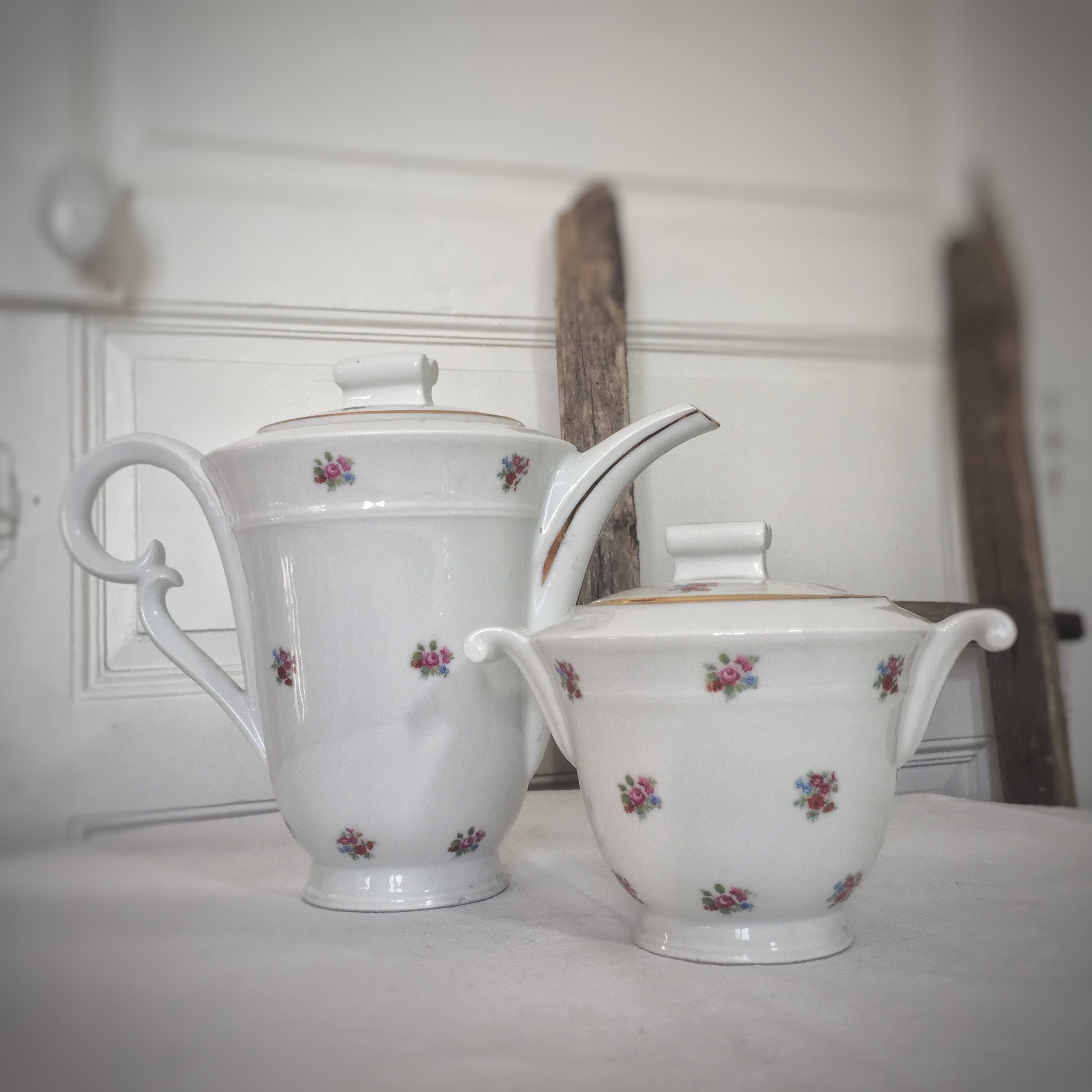 Set de 2 Français Cafetière/Théière en Porcelaine Vintage et Sucrier