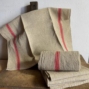 French vintage natural red stripes tea towel / woven  kitchen towel , linen towel