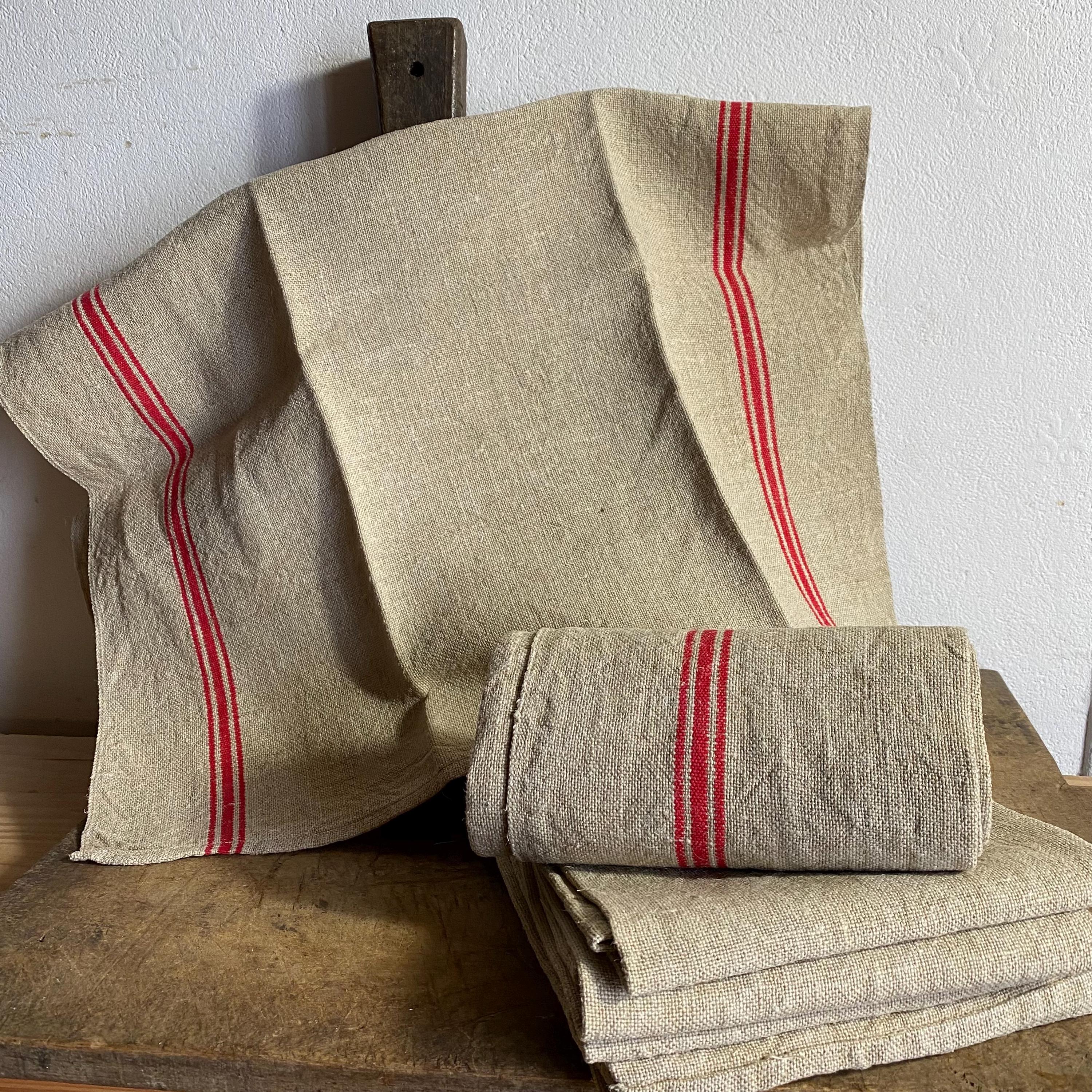 French Vintage Natural Red Stripes Tea Towel Woven Kitchen Towel