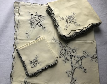 French Vintage embroidered Set of 1 tablecloth , 6 small and 12 normal napkins