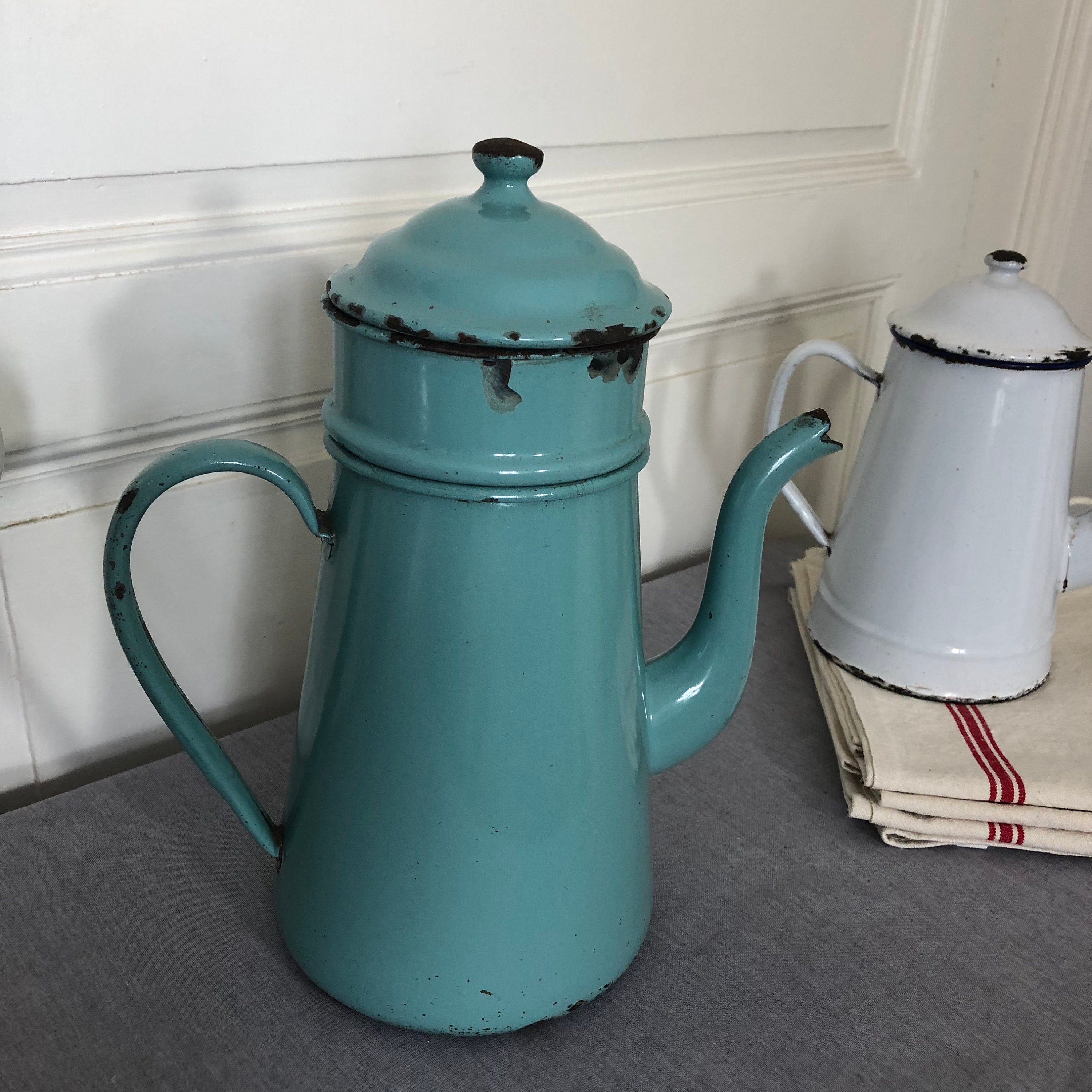 Français Pote en Émail Turquoise Bleu Vintage/Cafetière Français de Campagne