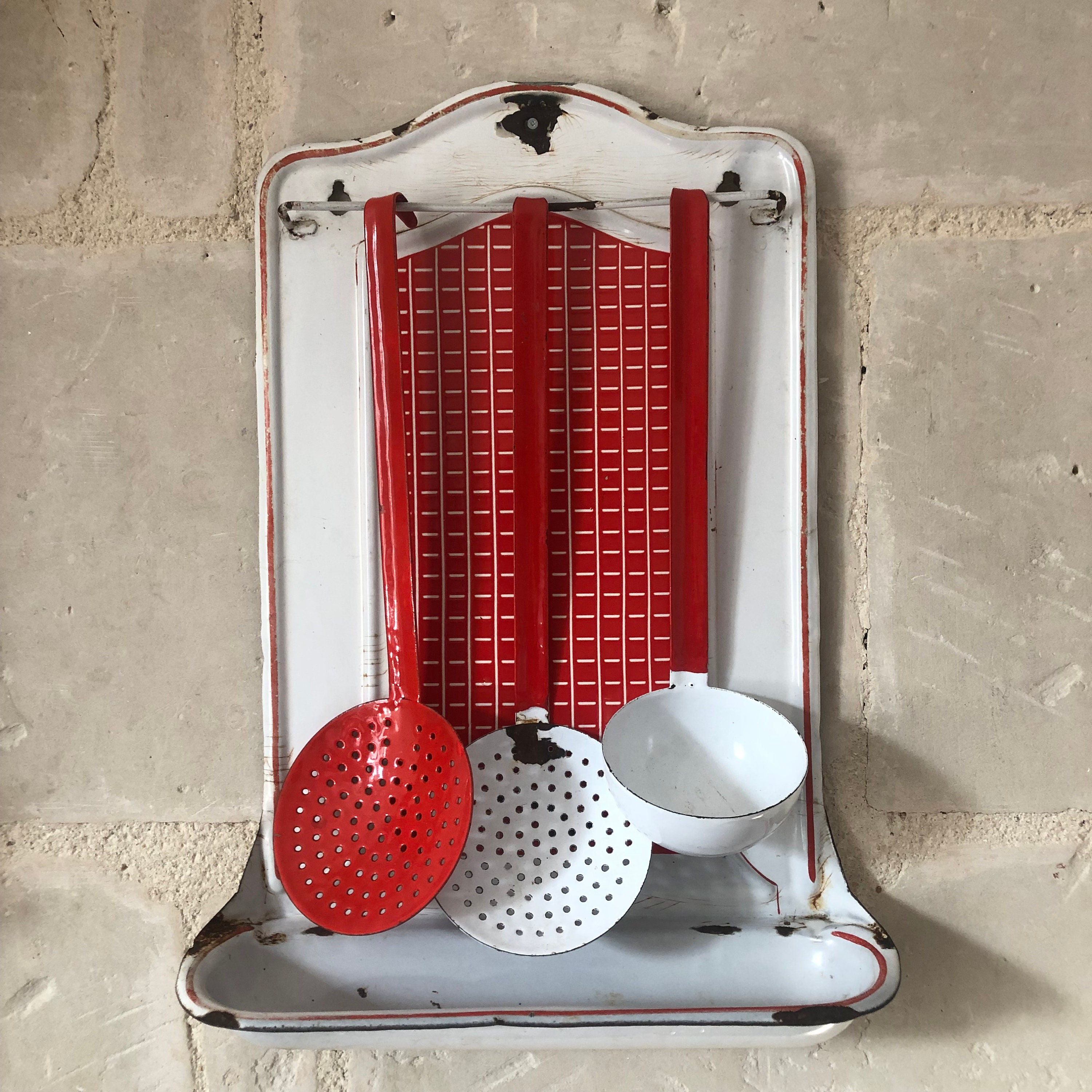 Français Porte-Ustensiles en Émail Rouge Blanc Vintage/Toleware Porte-Évier de Cuisine Trois Ustensi