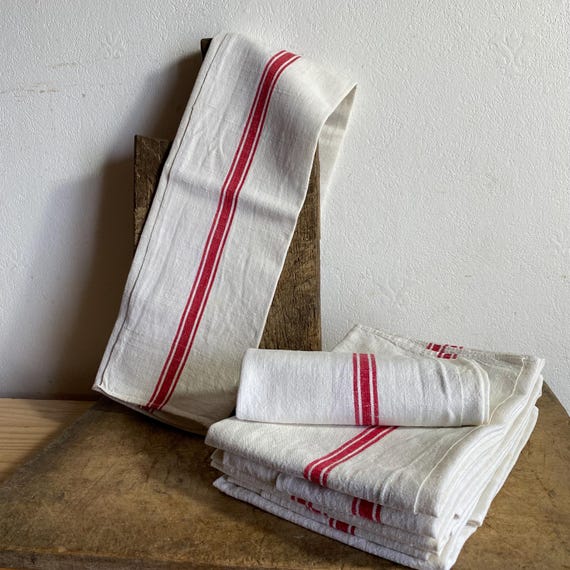 French Vintage Red Stripes Tea Towel Woven Kitchen Towel Linen