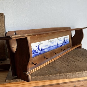 French Vintage  wooden Delft ceramic Kitchen Towel Rack with windmills , French Farmhouse Kitchen
