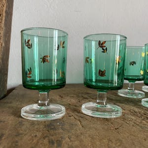 Set of 10 French Vintage emerald glasses  with golden leaves ,Retro glasses , vintage barware, Liquor glasses , Apero