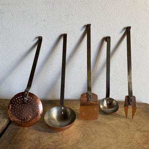 Authentic Set of 5 copper inox utensils , french vintage kitchenware