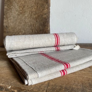 French vintage natural red stripes tea towel / woven  kitchen towel , linen towel