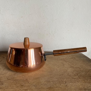 French Vintage Copper  Inox Pan with lid and wooden handle