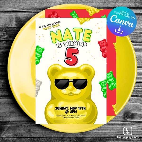 EDITABLE 4x6in Printable Yummy Gummy Bear Birthday Invitation - Candy Birthday Invite -I'm a Gummy Bear-Instant Download-CANVA TEMPLATE Link