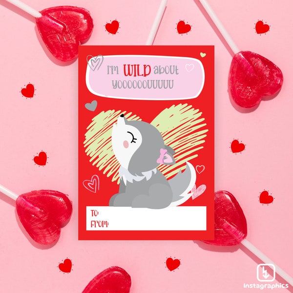 PRINTABLE Cute Wolf Valentine's Day Cards - Classroom Valentine's Day Cards for Kids- 8 Unique Valentine's Day Cards - INSTANT DOWNLOAD