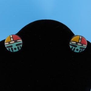 Vintage Hand Painted Sun Face Button Stud Earrings