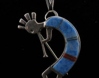 Vintage Kokopelli Pendant/Pin- Denim Lapis & Coral