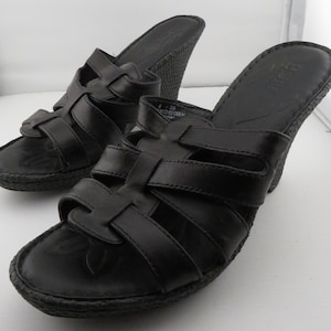 Born Tinka Black Leather Platform Wedge Sandal Shoes Women&#39;s 8m NIB