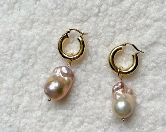 Large Baroque Pearl Hoops Earrings / Gold Hoops