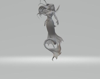 May include: A gray 3D printed sculpture of a mermaid with flowing hair and a detailed tail.
