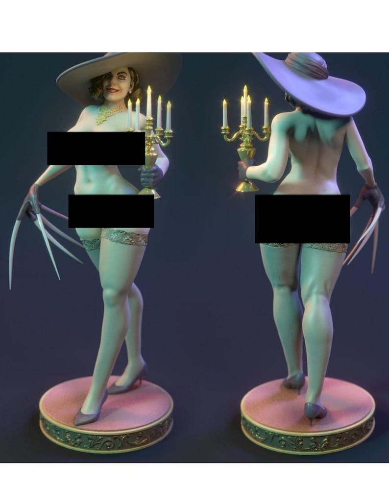 May include: A pair of statues depicting a woman in a large hat, holding a candelabra. The statues are on a pink base with a gold trim. The woman is wearing a garter and high heels. The background is a dark blue.